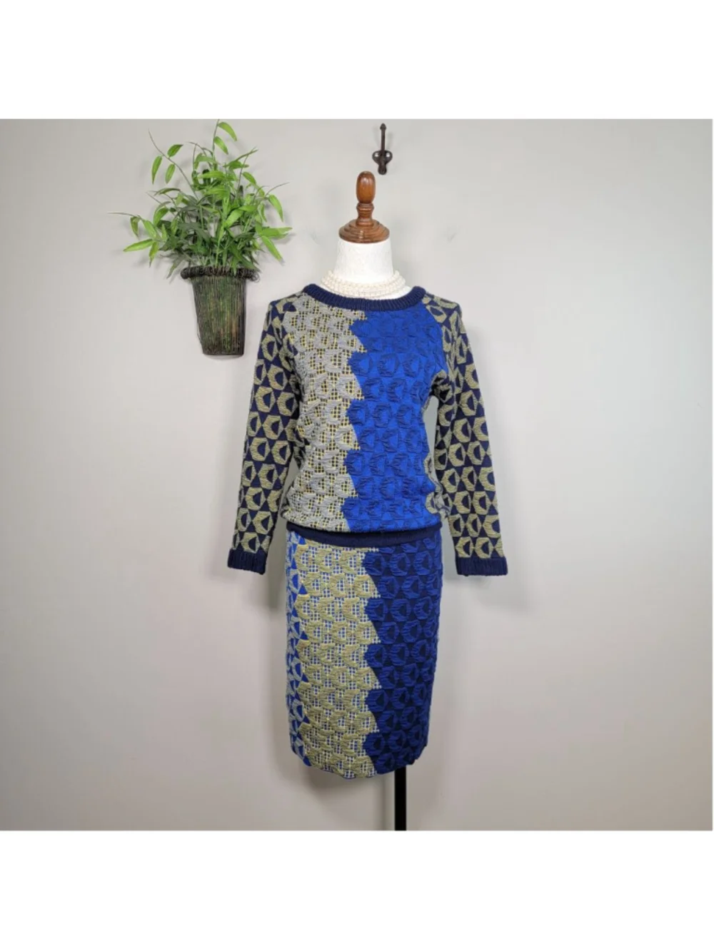 Kerisma Knit Crew Neck Sweater Pencil Midi Skirt Matching Set Blue Geometric S